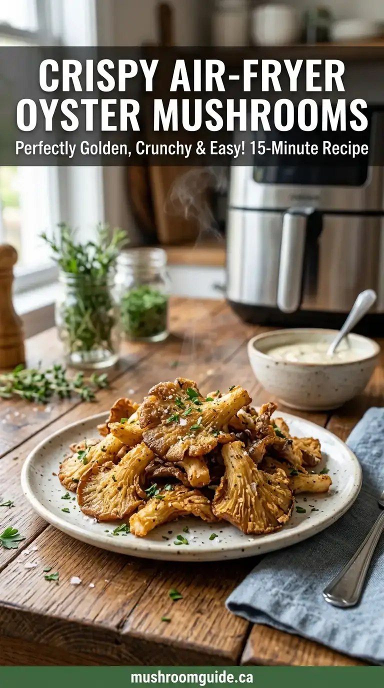 A plate of crisp golden air-fried oyster mushrooms beside a dipping sauce, with an air fryer behind. Cultivated oyster mushrooms, cooked.