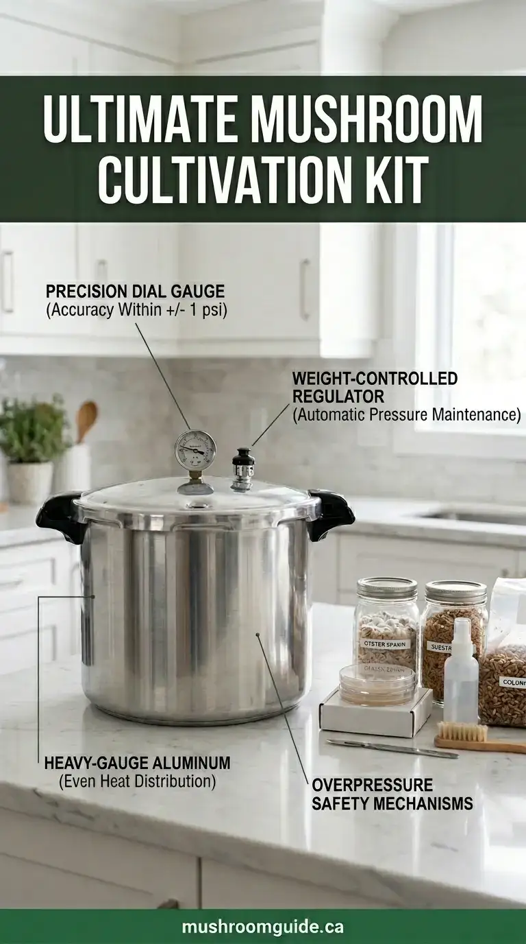 A stovetop pressure canner on a hob with glass jars of grain standing upright beside it.