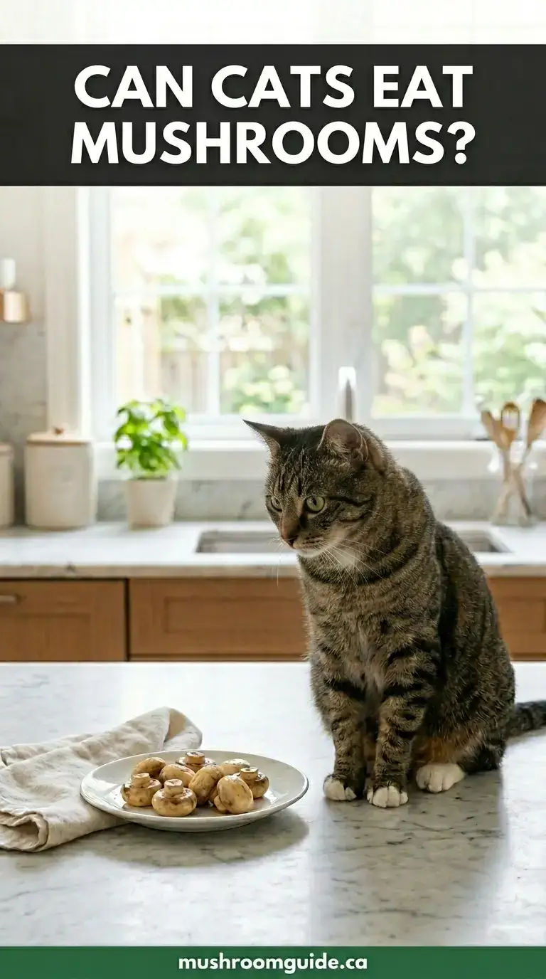 A cat on a kitchen counter beside a small plate of cultivated button mushrooms. Pet-safety guidance for cultivated culinary mushrooms only.