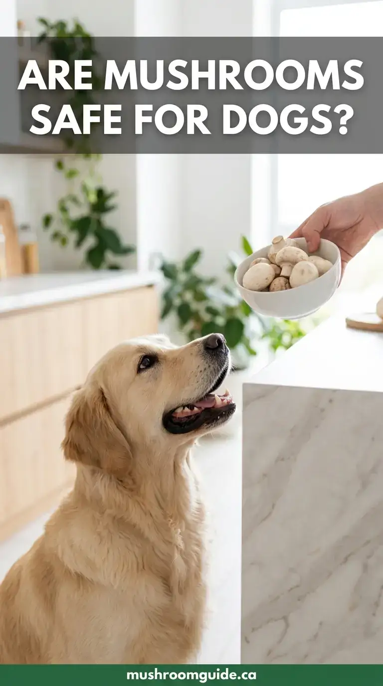 A dog looking up at a hand holding a bowl of cultivated button mushrooms. Pet-safety guidance for cultivated culinary mushrooms only.