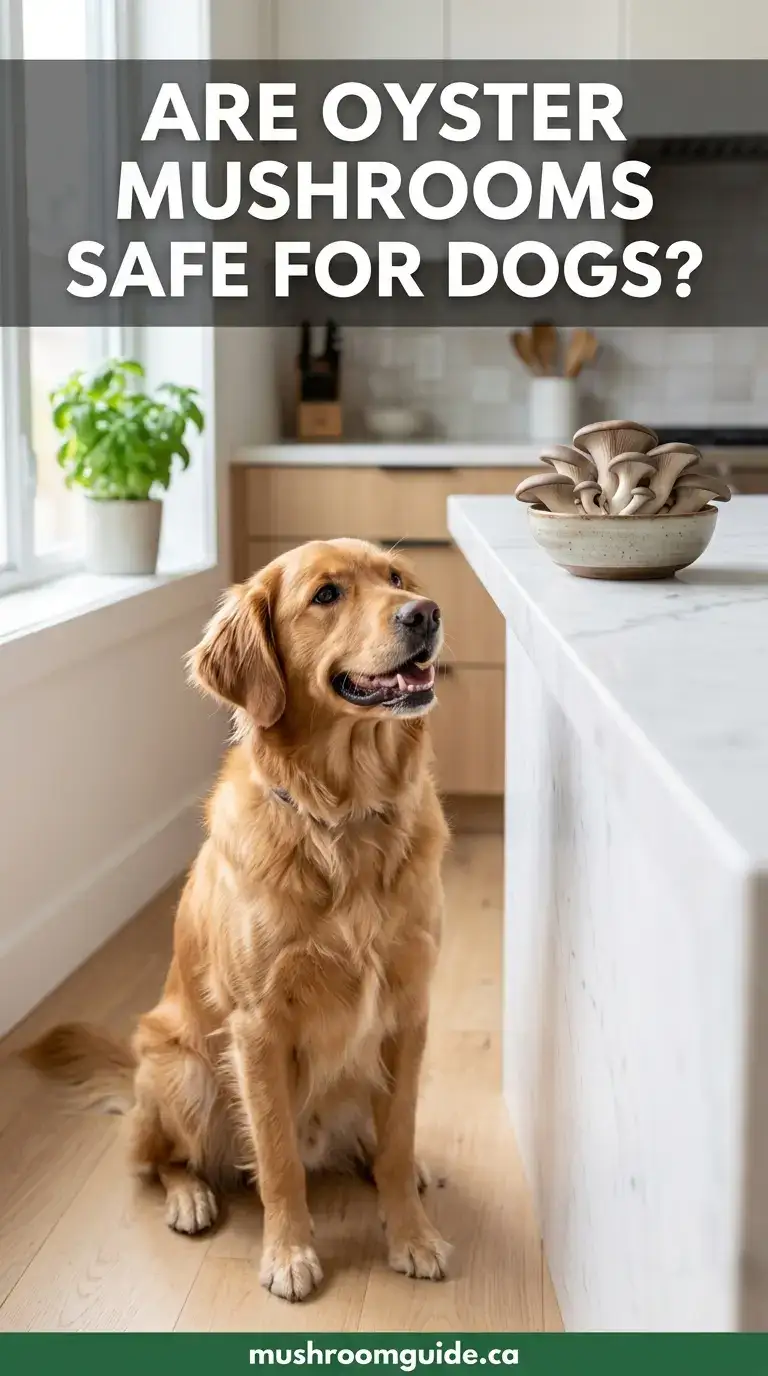 A dog sitting beside a kitchen counter with a bowl of cultivated oyster mushrooms on it. Pet-safety guidance for cultivated culinary mushrooms only.