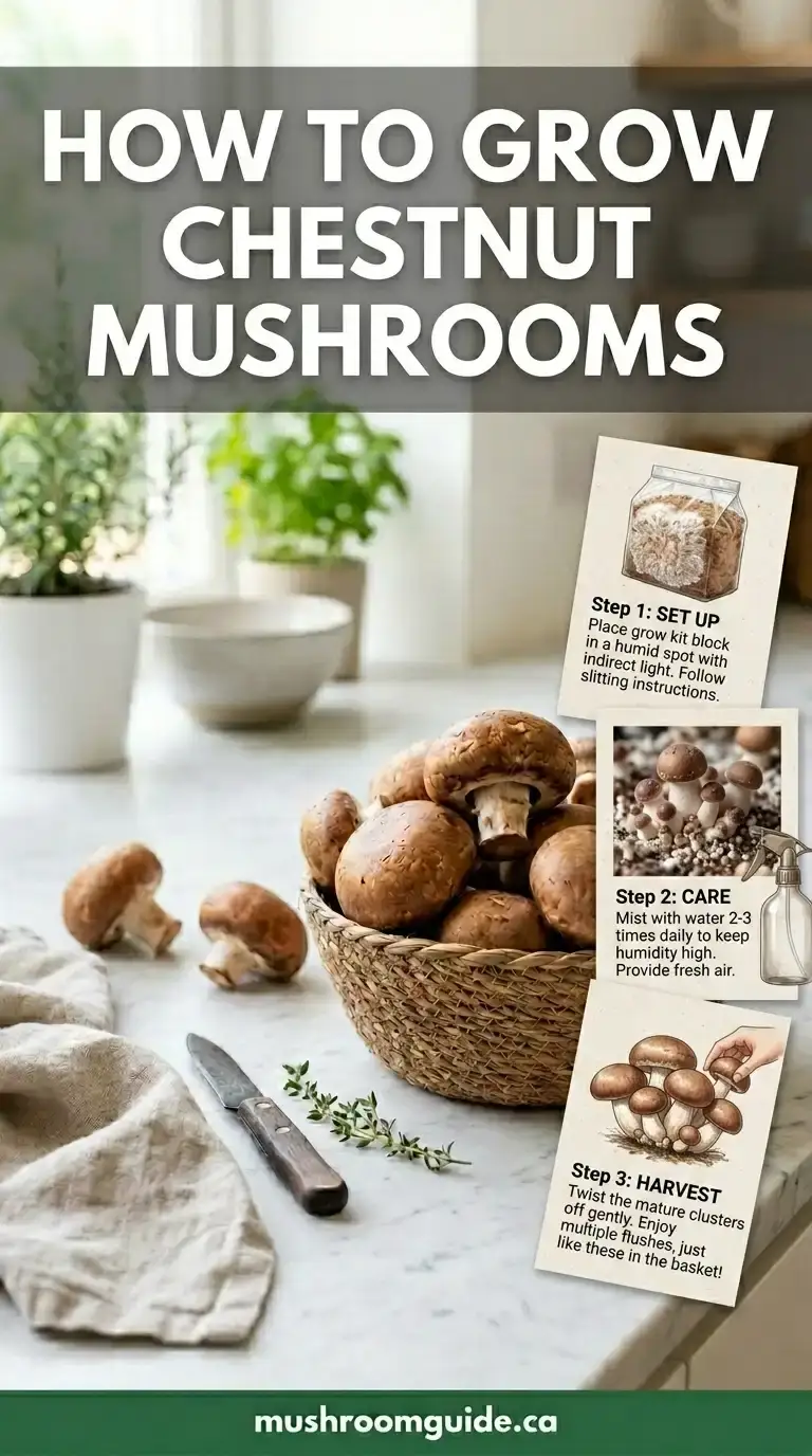 A basket of cultivated chestnut mushrooms on a kitchen counter, with three small step cards showing setup, care and harvest.
