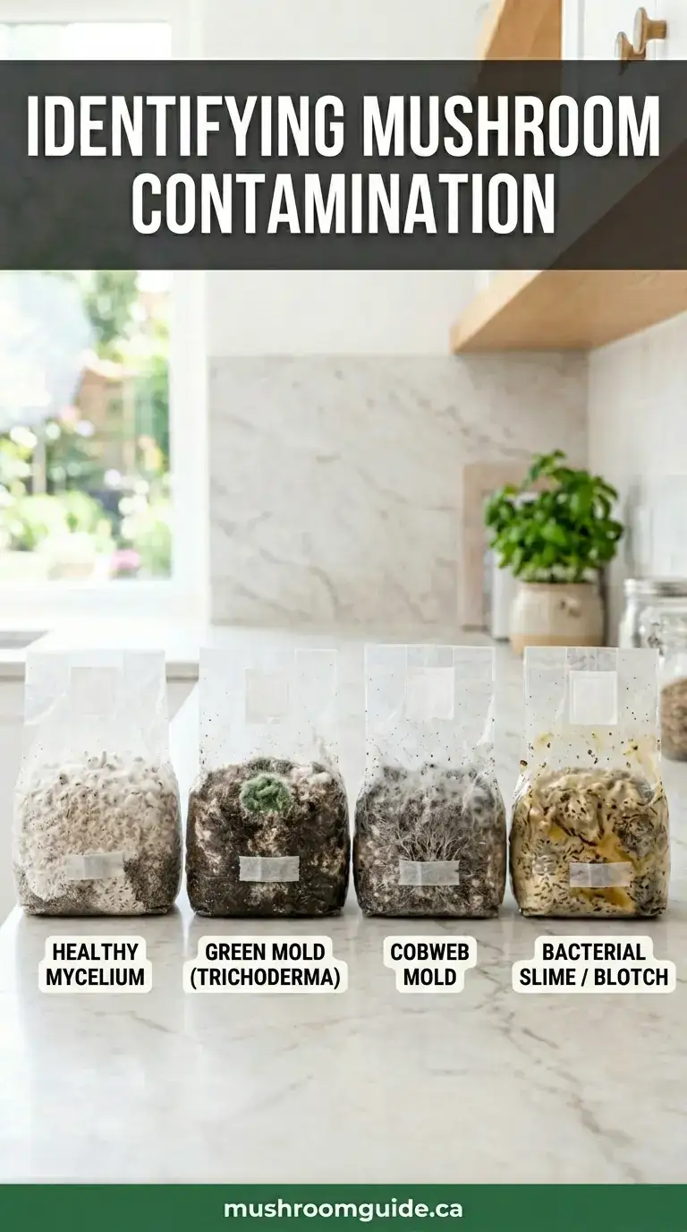 Four grow bags side by side, labelled healthy mycelium, green mould (Trichoderma), cobweb mould and bacterial slime, for comparing contamination on cultivated substrate.