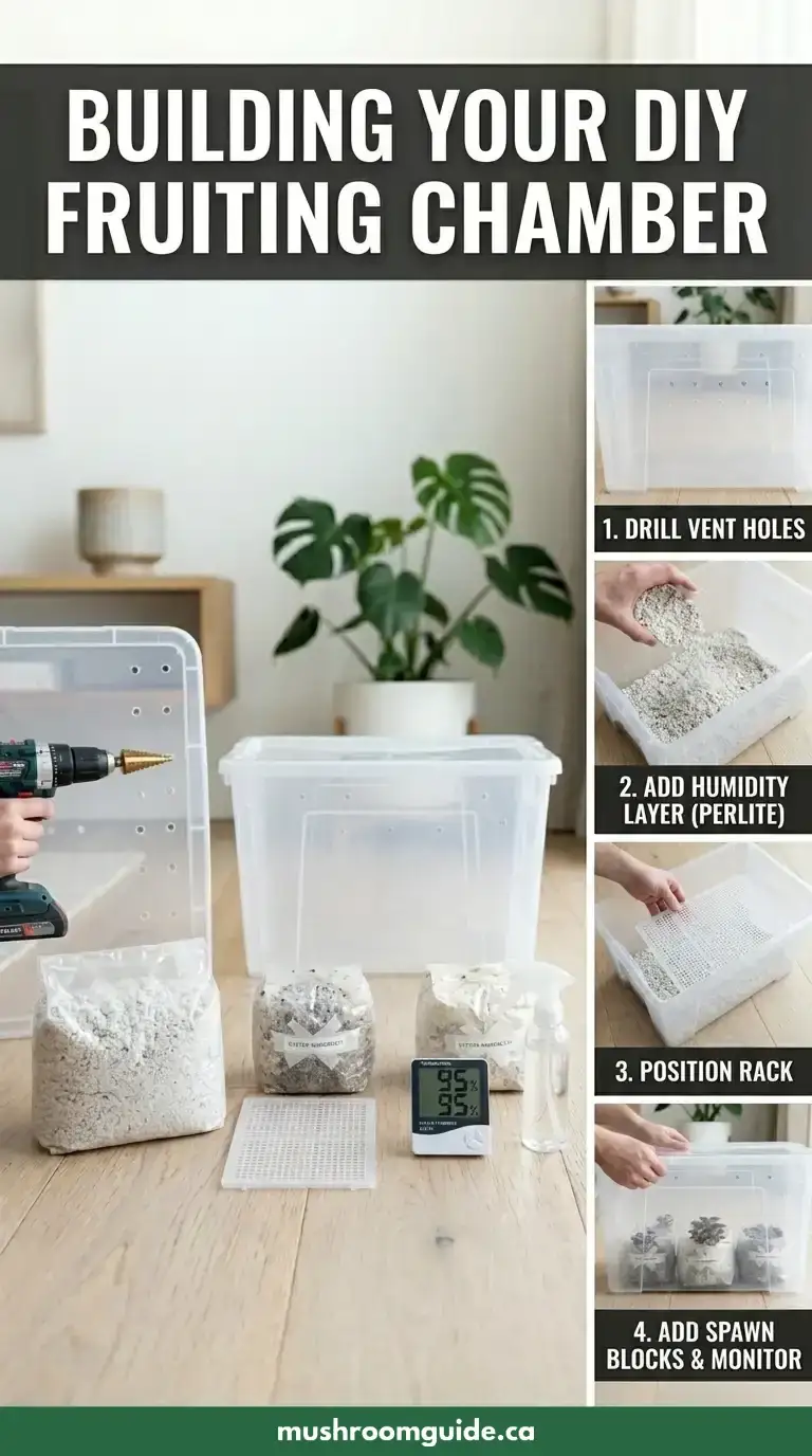 A clear storage tote being drilled to build a fruiting chamber, with perlite, a hygrometer and four step panels showing vent holes, the humidity layer, rack position and adding spawn blocks.