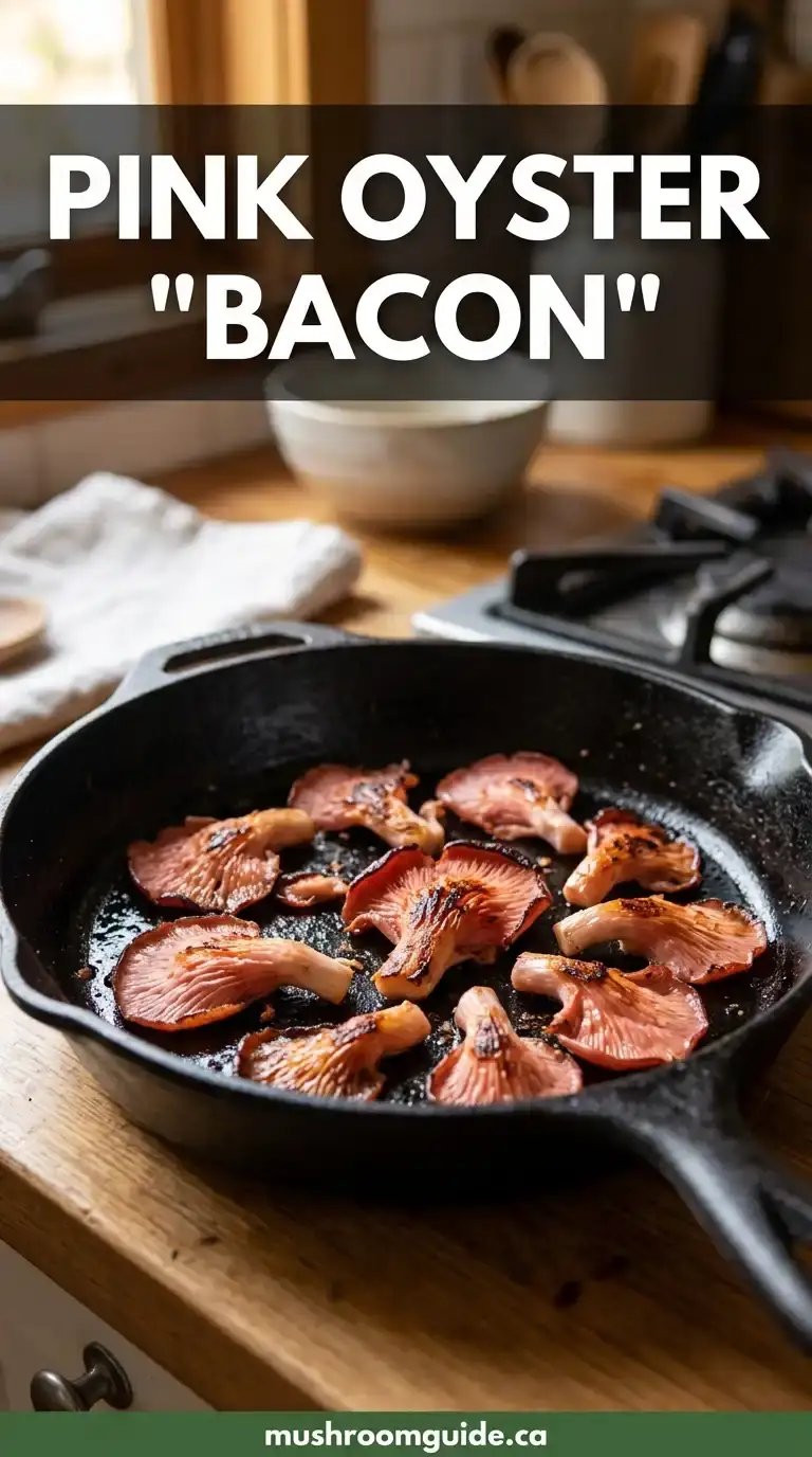 Strips of cultivated pink oyster mushroom browning in a cast-iron skillet.