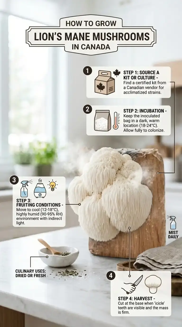 A cultivated lion's mane fruiting from a block, with four numbered steps covering sourcing a kit, incubation, fruiting conditions and harvest.