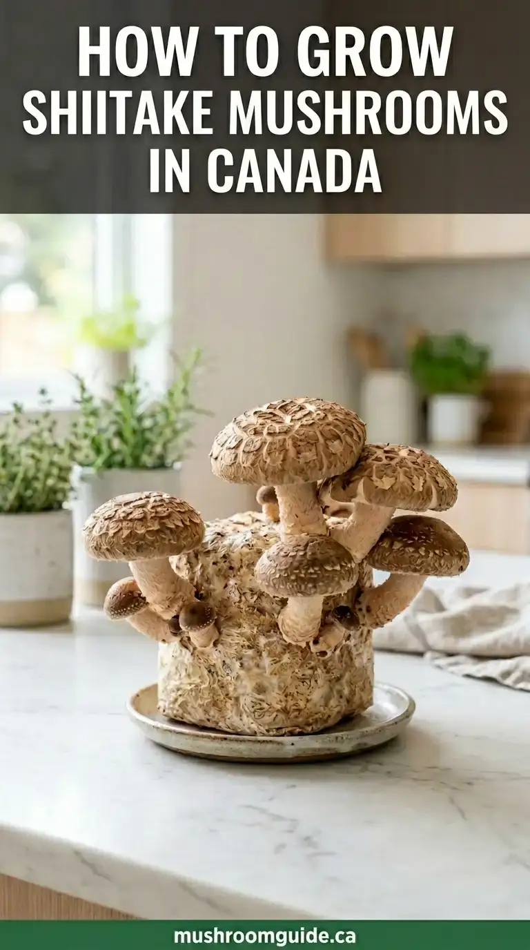 Cultivated shiitake mushrooms fruiting from a sawdust block on a kitchen counter.