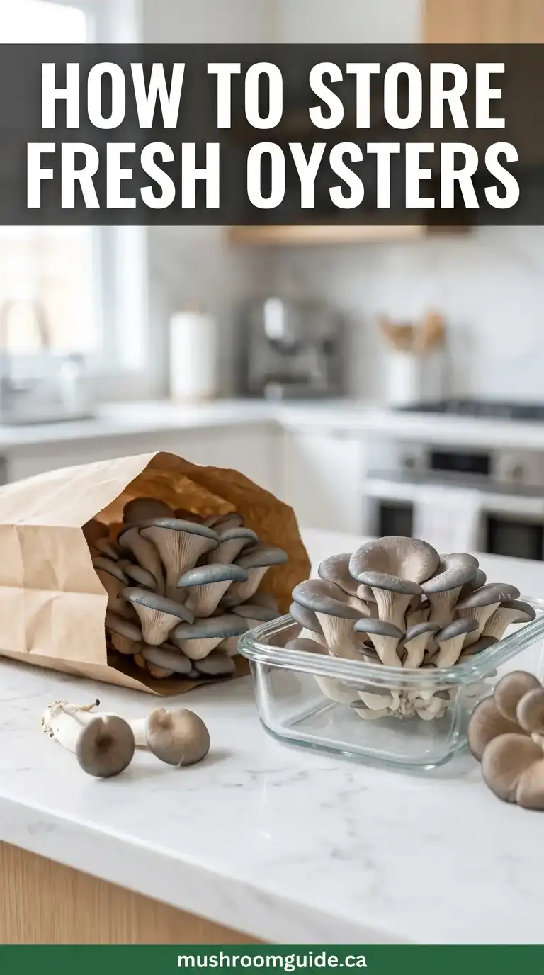 A cluster of cultivated oyster mushrooms in an open paper bag beside a glass storage container on a kitchen counter.
