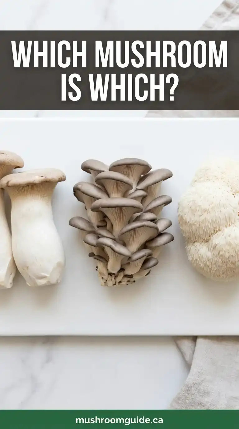 King oyster, grey oyster and lion's mane mushrooms side by side on a marble counter, all cultivated, shown for comparison.