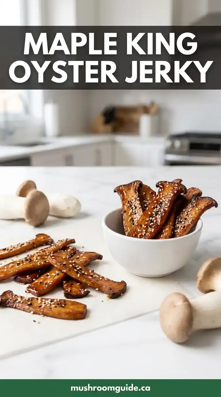 Glazed strips of cultivated king oyster mushroom jerky with sesame seeds, in and around a bowl on a counter.