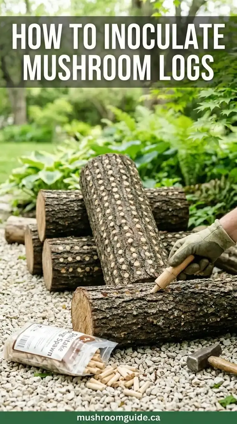 Stacked hardwood logs drilled and plugged with dowel spawn, with a gloved hand holding a mallet and a bag of spawn dowels beside them.