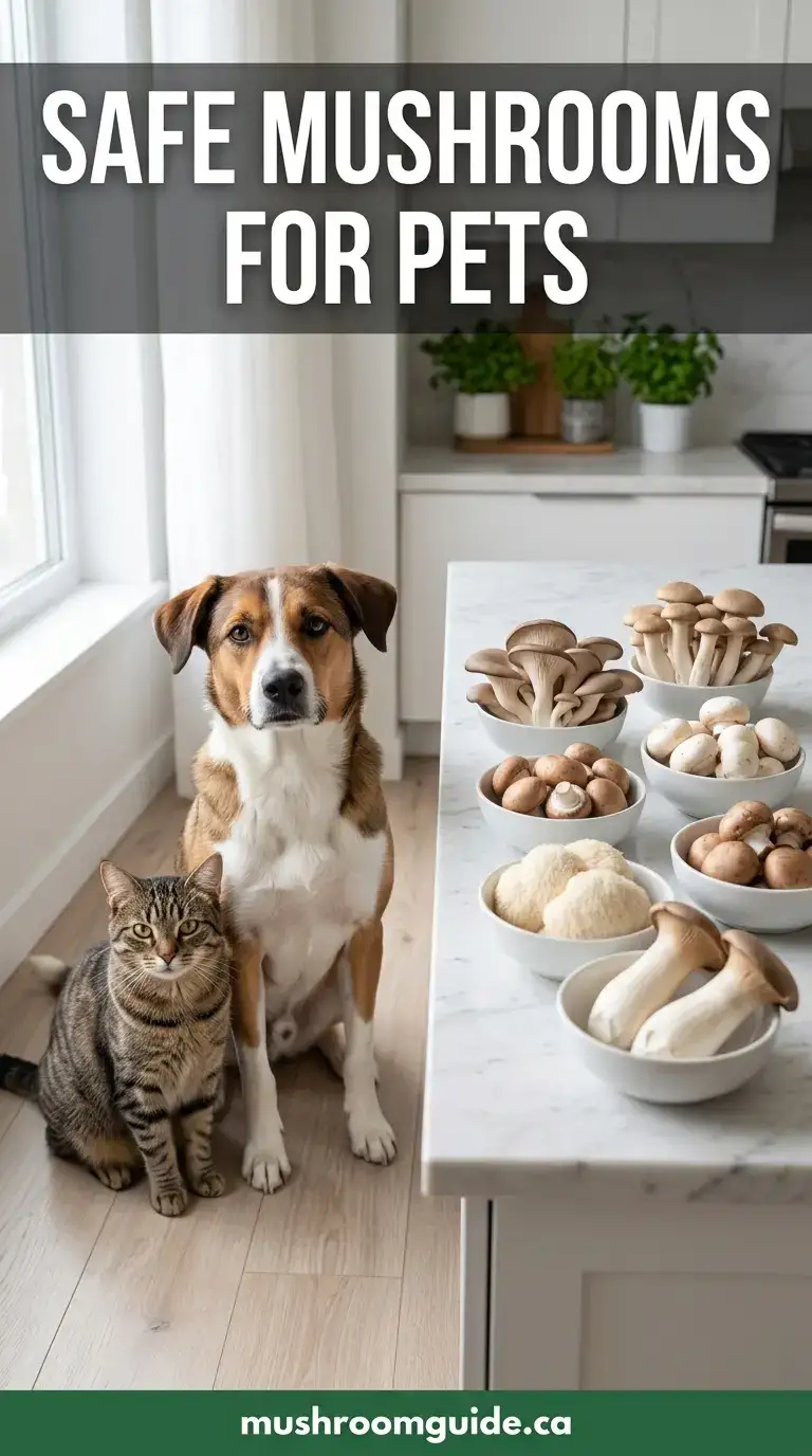 A dog and a cat beside a kitchen counter holding bowls of several cultivated mushroom varieties. Pet-safety guidance for cultivated culinary mushrooms only.