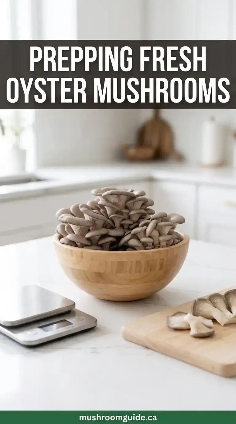 A wooden bowl of cultivated oyster mushrooms beside a kitchen scale and a cutting board.