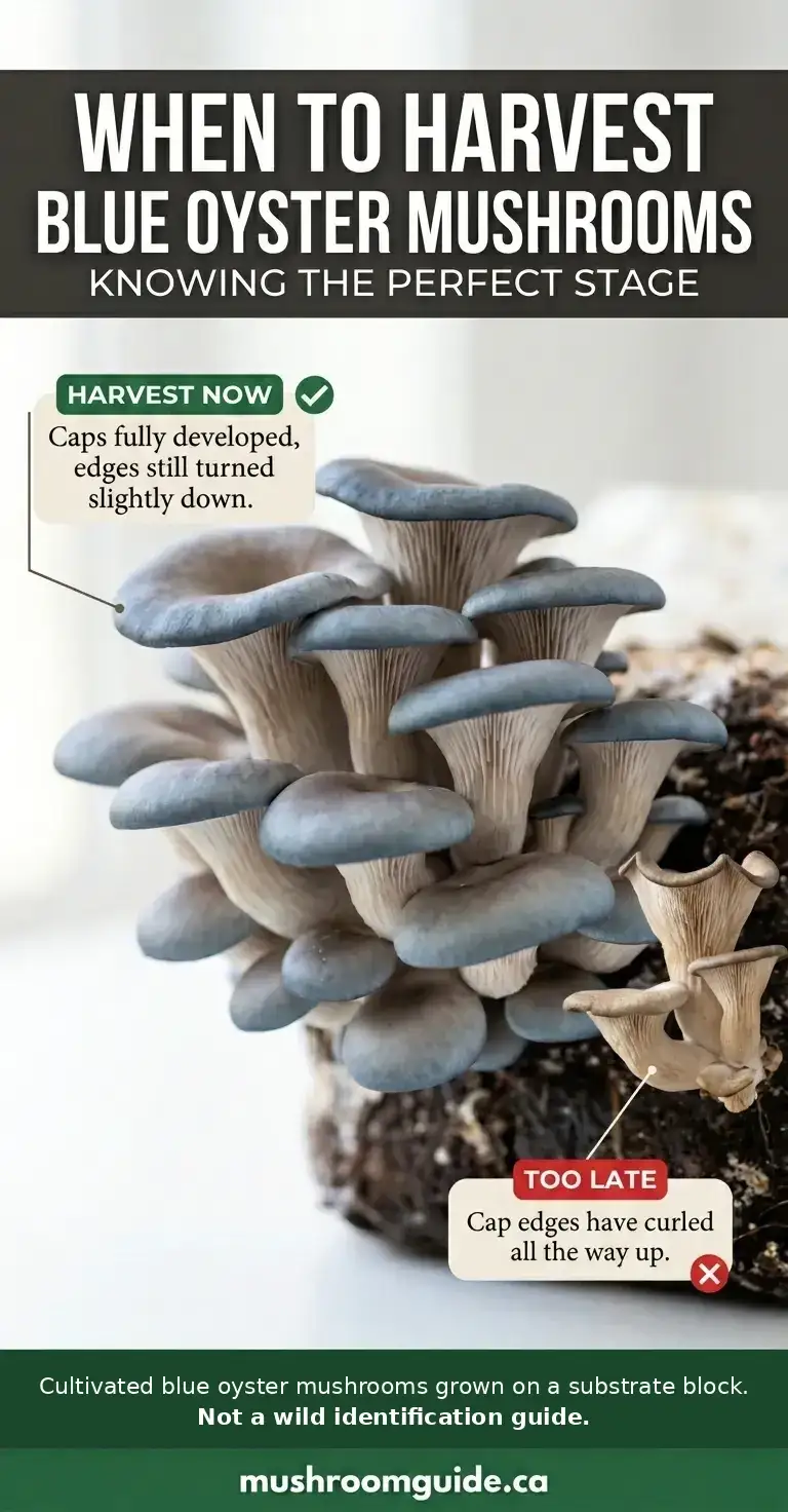 Cultivated blue oyster mushrooms on a grow block, annotated to show the harvest-ready stage versus an over-mature one. Not a wild identification guide.