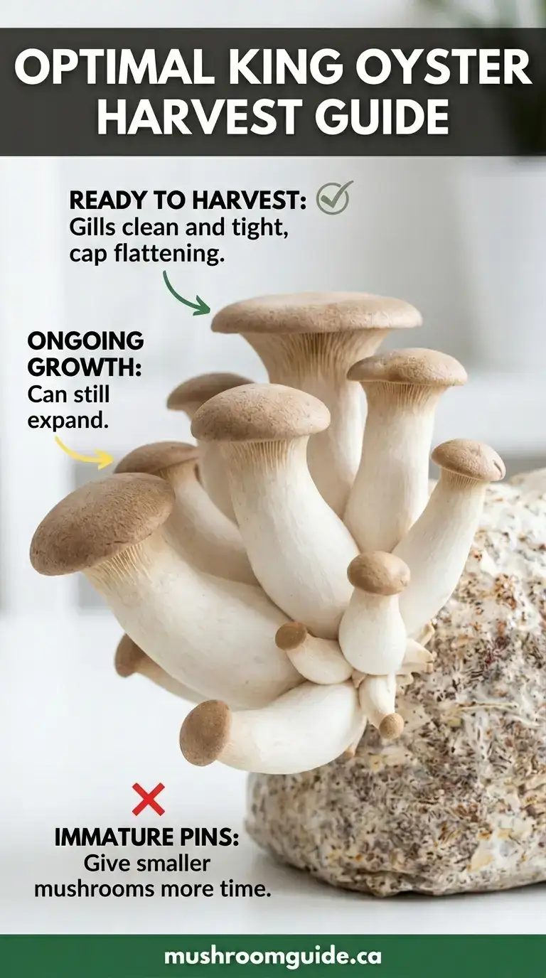 An annotated photo of cultivated king oyster mushrooms on a block, marking which are ready to harvest, which are still growing, and which pins are too immature. Not a wild identification guide.