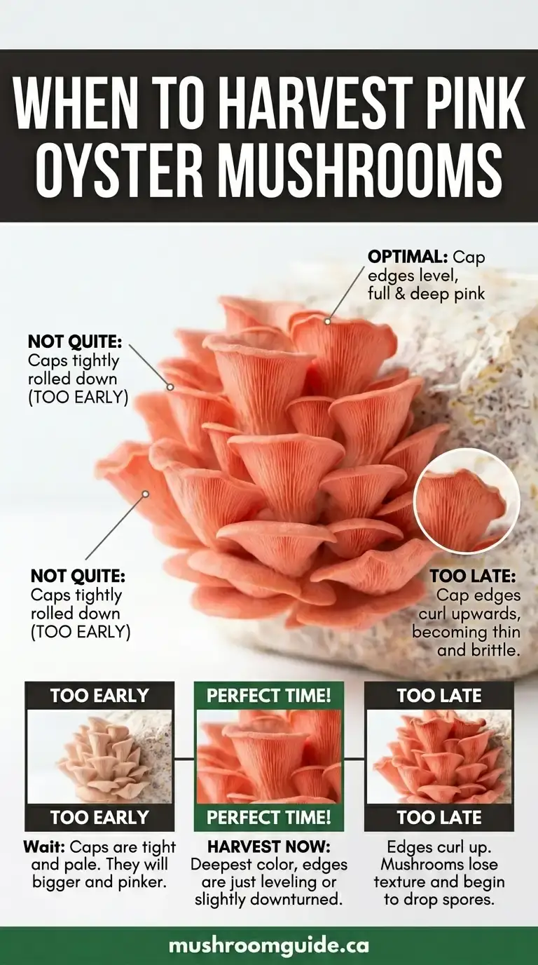An annotated photo of a cultivated pink oyster cluster marking the optimal harvest stage against too-early and too-late stages, with a three-panel comparison strip. Not a wild identification guide.