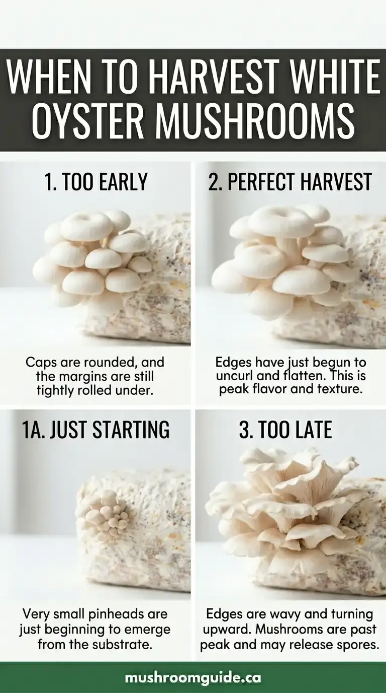 A four-panel comparison of cultivated white oyster mushrooms on a block, showing the just-starting, too-early, peak-harvest and too-late stages. Not a wild identification guide.